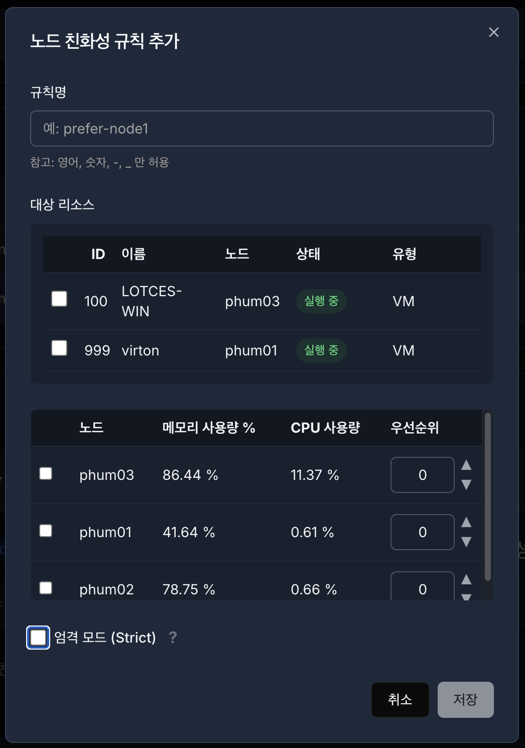 노드 친화성 규칙 설정 섹션